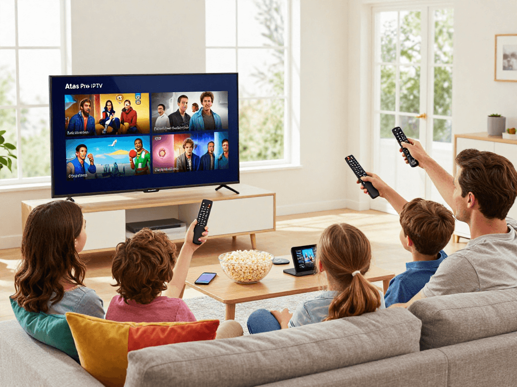 Famille profitant d'Atlas Pro sur un téléviseur, ambiance conviviale et lumineuse.