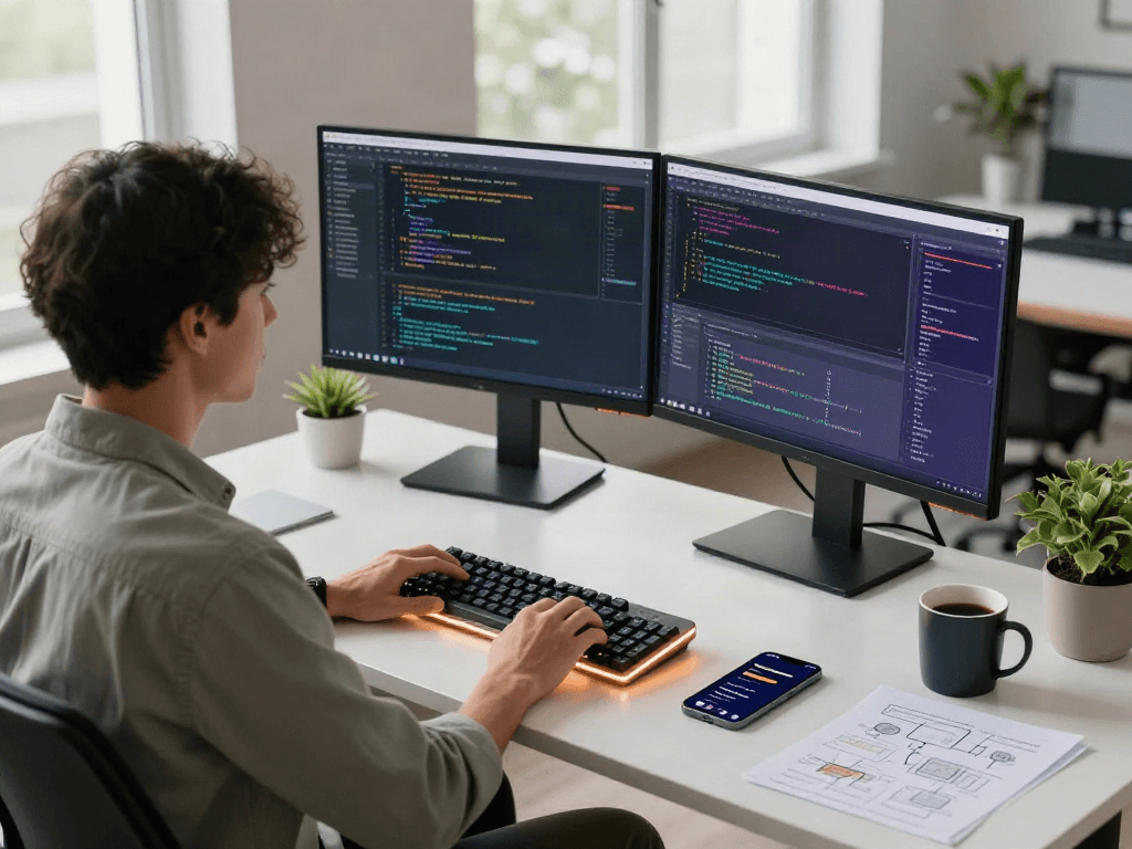 Développeur utilisant Atlas pro ontv dans un espace de travail moderne, avec des outils de codage et un café à côté.