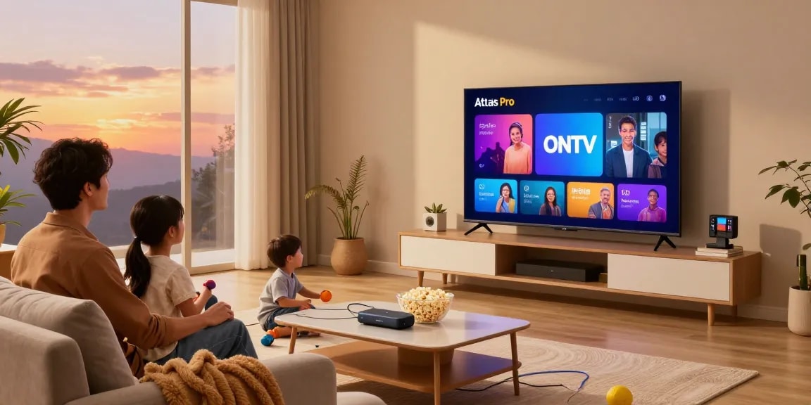 Accédez à des chaînes avec Atlas Pro ONTV dans un salon chaleureux.