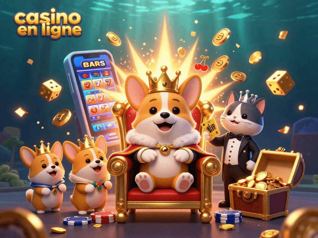 Le casino en ligne offre une expérience enjouée avec un corgi royal entouré de jeux et de pièces d'or.