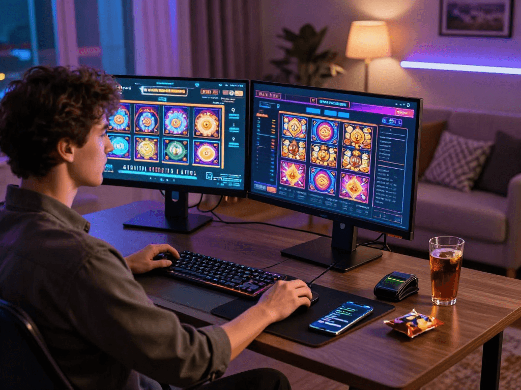 Joueur à un casino en ligne avec des jeux de machines à sous et un croupier en direct.