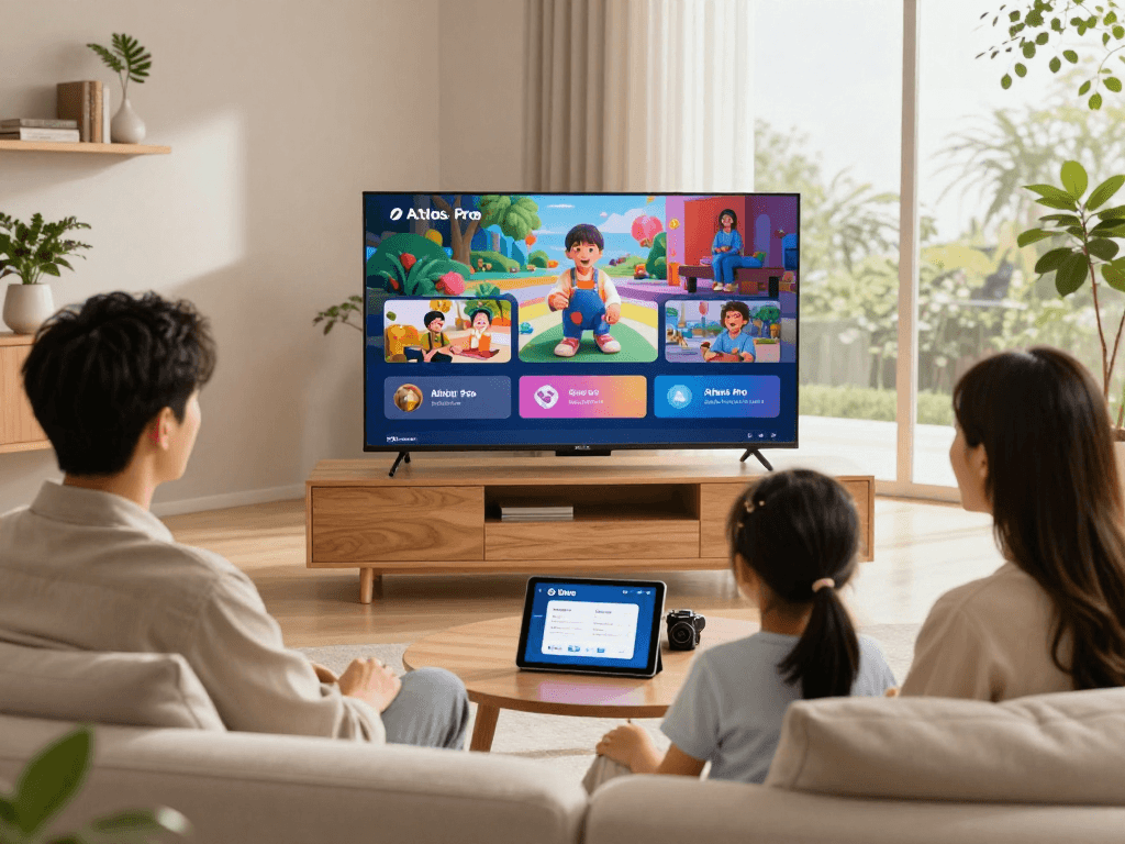 Famille utilisant l'application atlas pro ontv sur leur Smart TV pour un divertissement à domicile.
