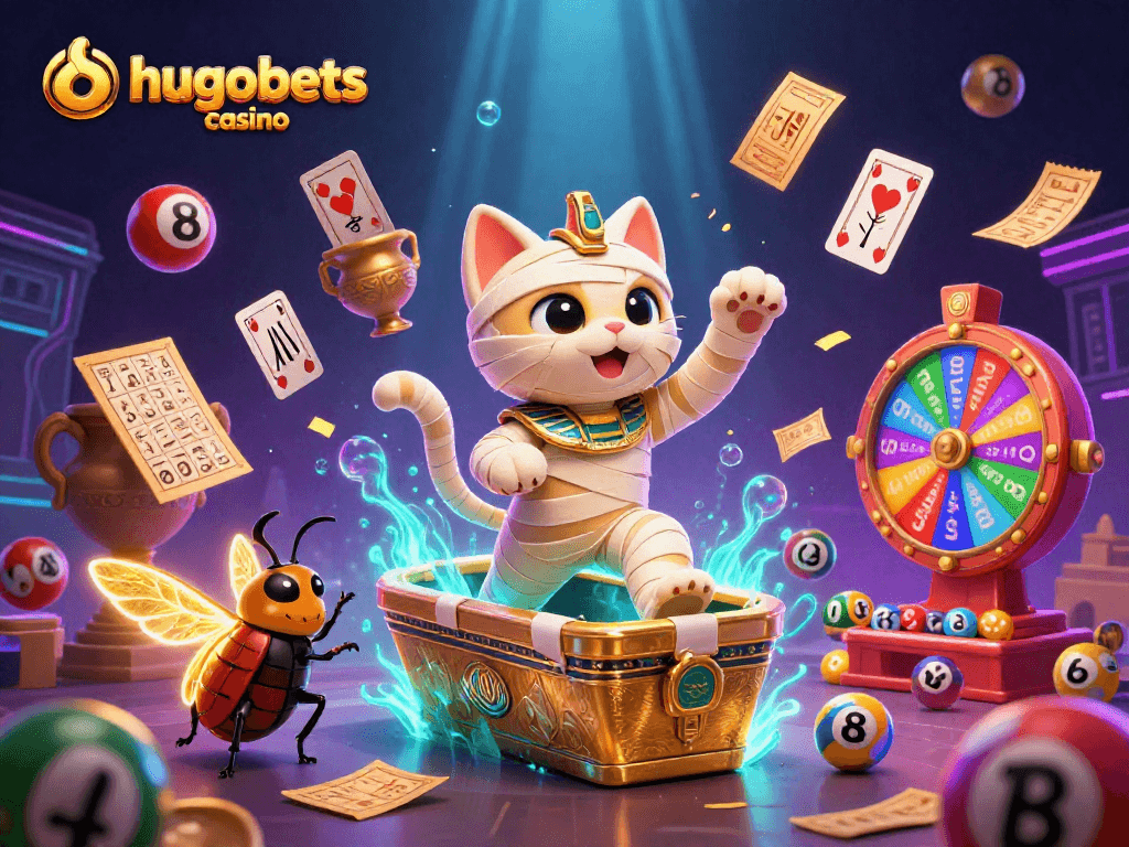 Engage with hugobets casino through this vibrant 3D scene filled with dynamic lottery elements.