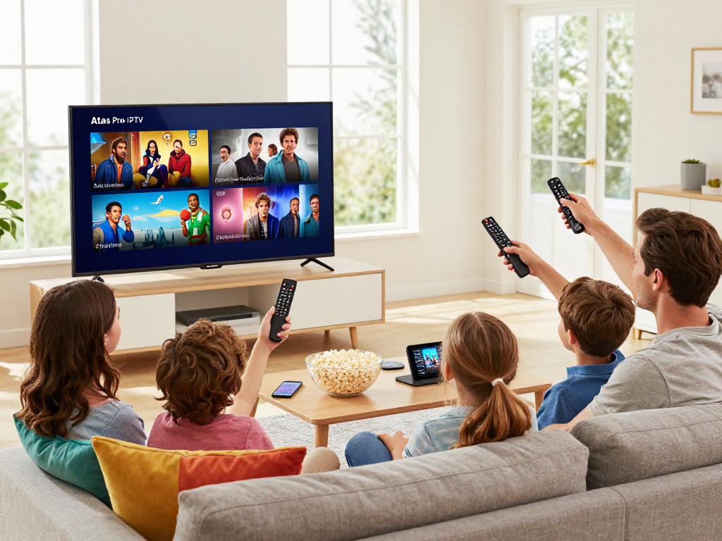 Famille profitant d'Atlas Pro sur un téléviseur, ambiance conviviale et lumineuse.