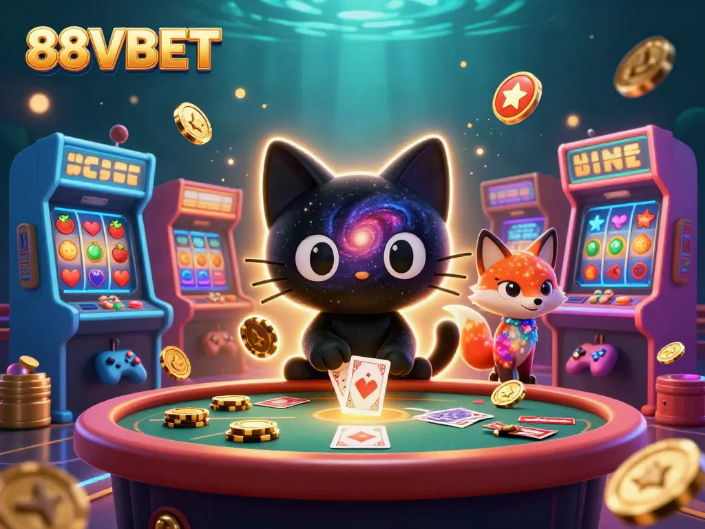 Engage with 88VBET's vibrant cosmic casino scene featuring a black hole cat and colorful nebula fox.
