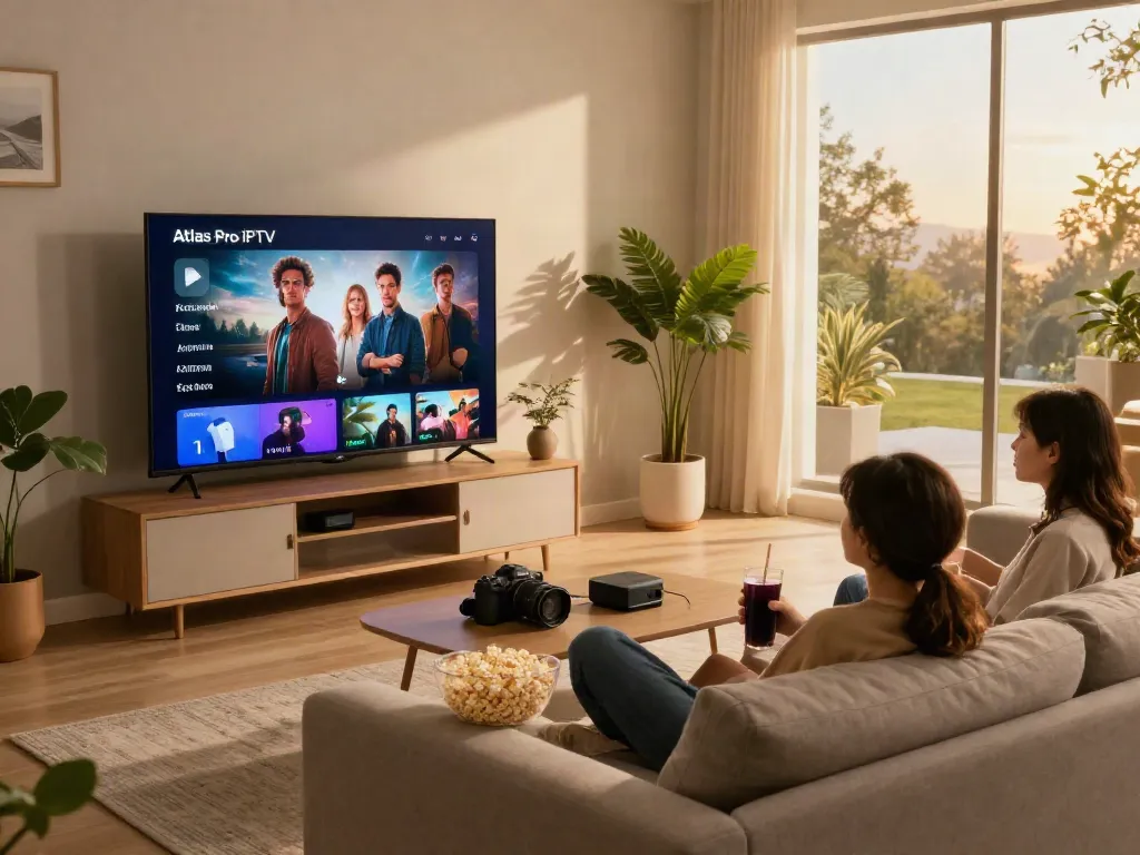 Profitez de l'expérience atlas pro iptv dans un salon moderne avec un téléviseur intelligent.