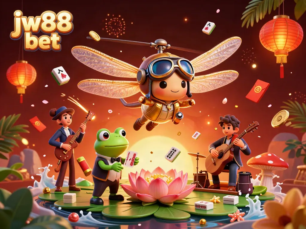 Playing cards dealt at the lily pad casino by a frog croupier during a lively jazz scene, jw88 bet