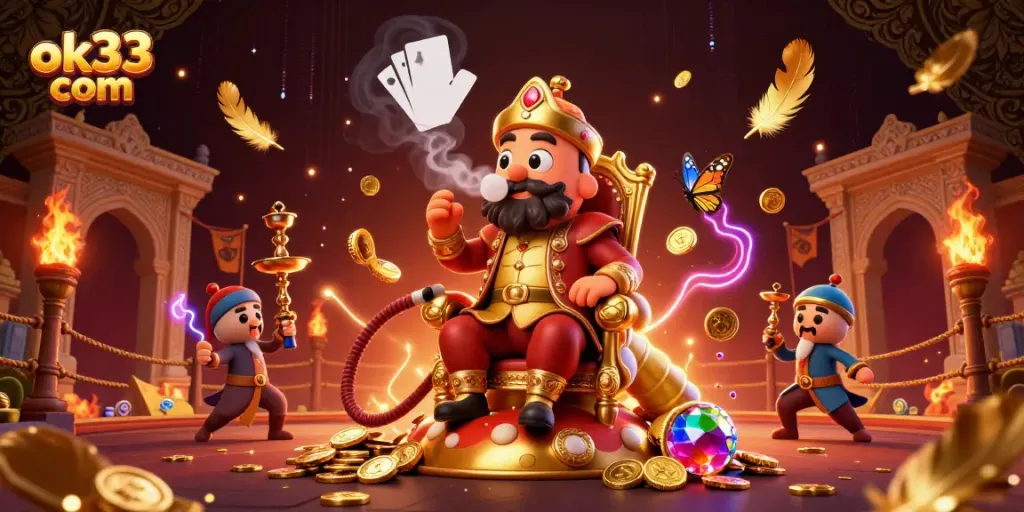 The creative rendition of ok33 com featuring a whimsical caterpillar in a Sultan outfit amidst casino symbols.