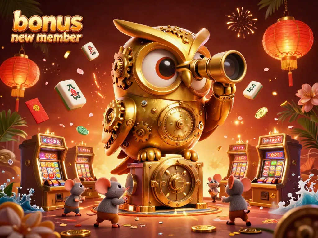 Experience the excitement of a bonus new member with a delightful 3D owl overlooking bustling slot machines, enriched by vibrant casino elements.