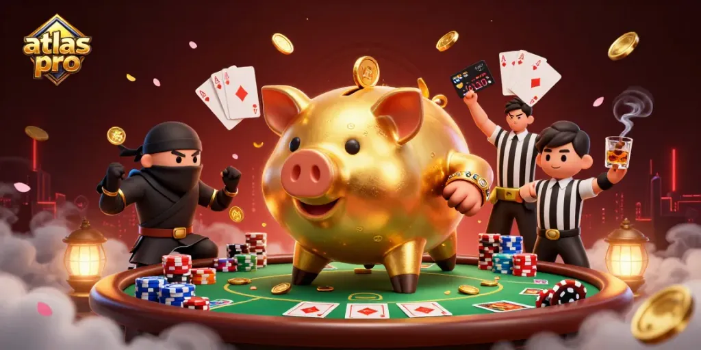 Gagnez des gains en jouant à atlas pro avec des personnages de casino animés entourés de jetons et de cartes.