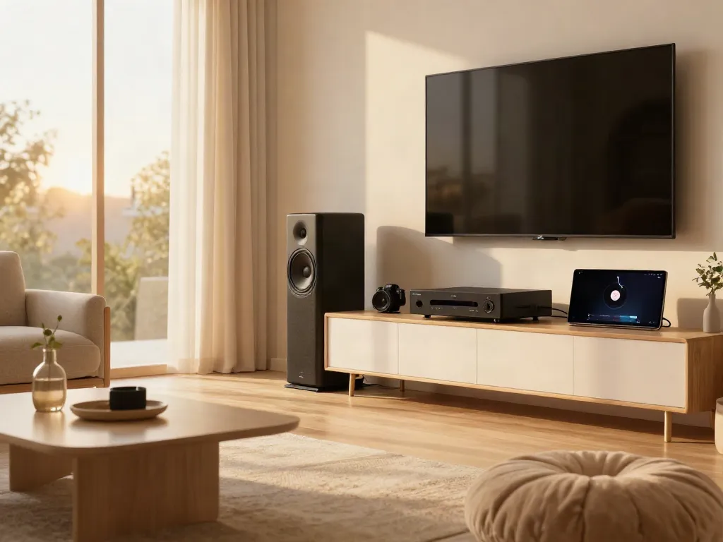 Vision Speaker Price in bangladesh displayed in a cozy living room setting featuring multimedia speakers and modern decor.