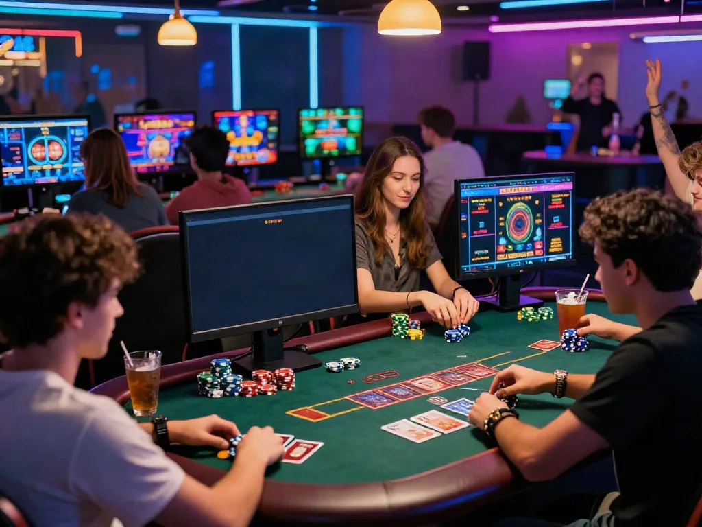 Scène de joueurs profitant de bonus sans dépôt casino dans une ambiance animée.