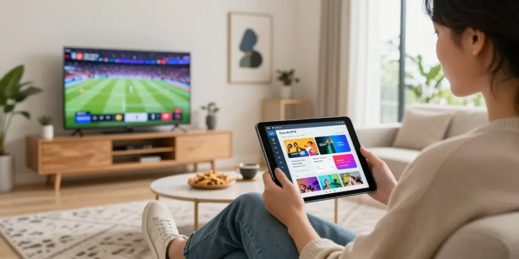 Person utilisant l'application Atlas Pro IPTV dans un salon moderne confortable.