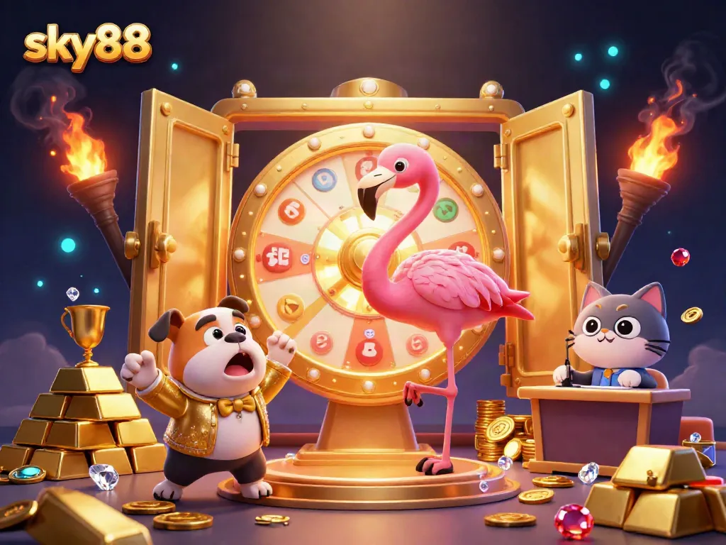 Experience excitement at sky88 with a thrilling game show scene featuring a prize wheel and gaming action.
