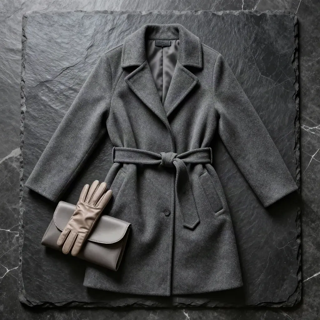 Manteau ceinturé, gants et pochette sur pierre sombre humide, vue zénithale.