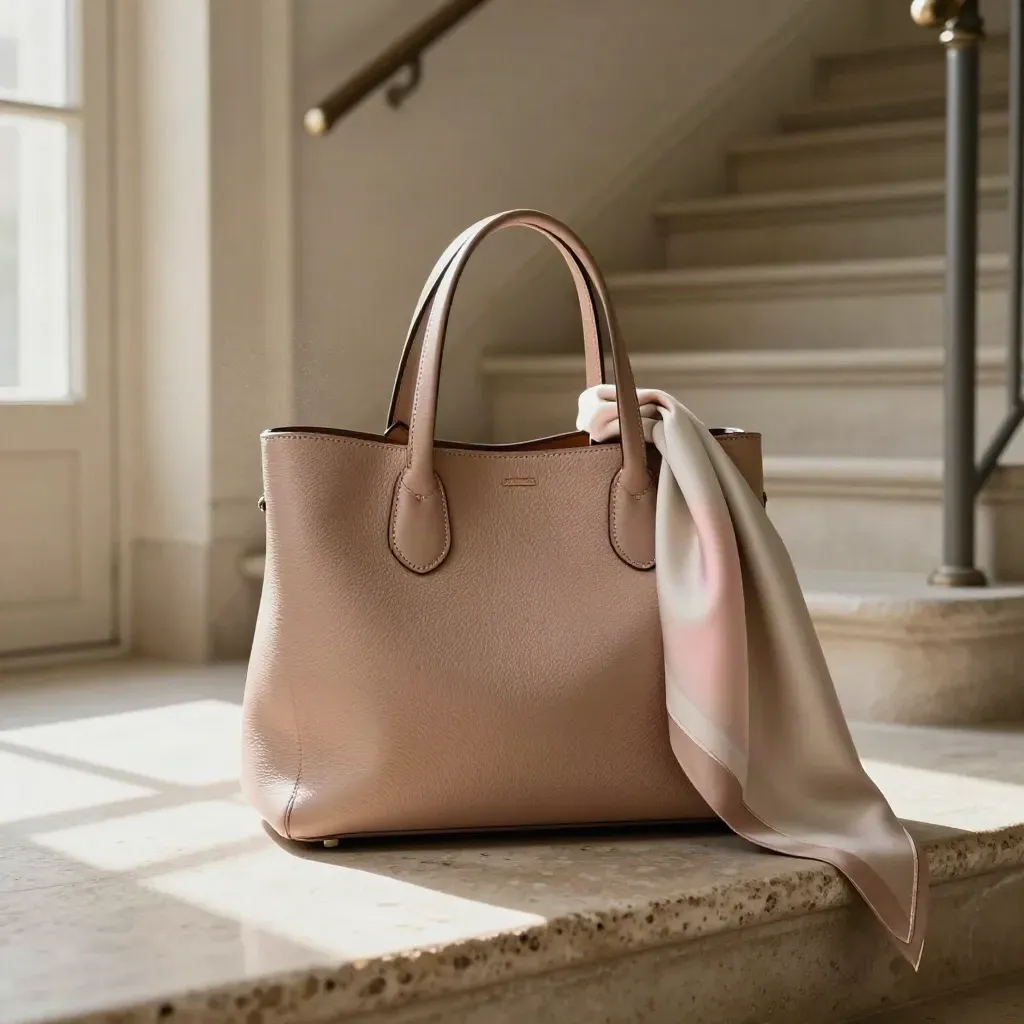 Sac cabas en cuir grainé avec foulard roulé sur un palier haussmannien, lumière de fenêtre douce.