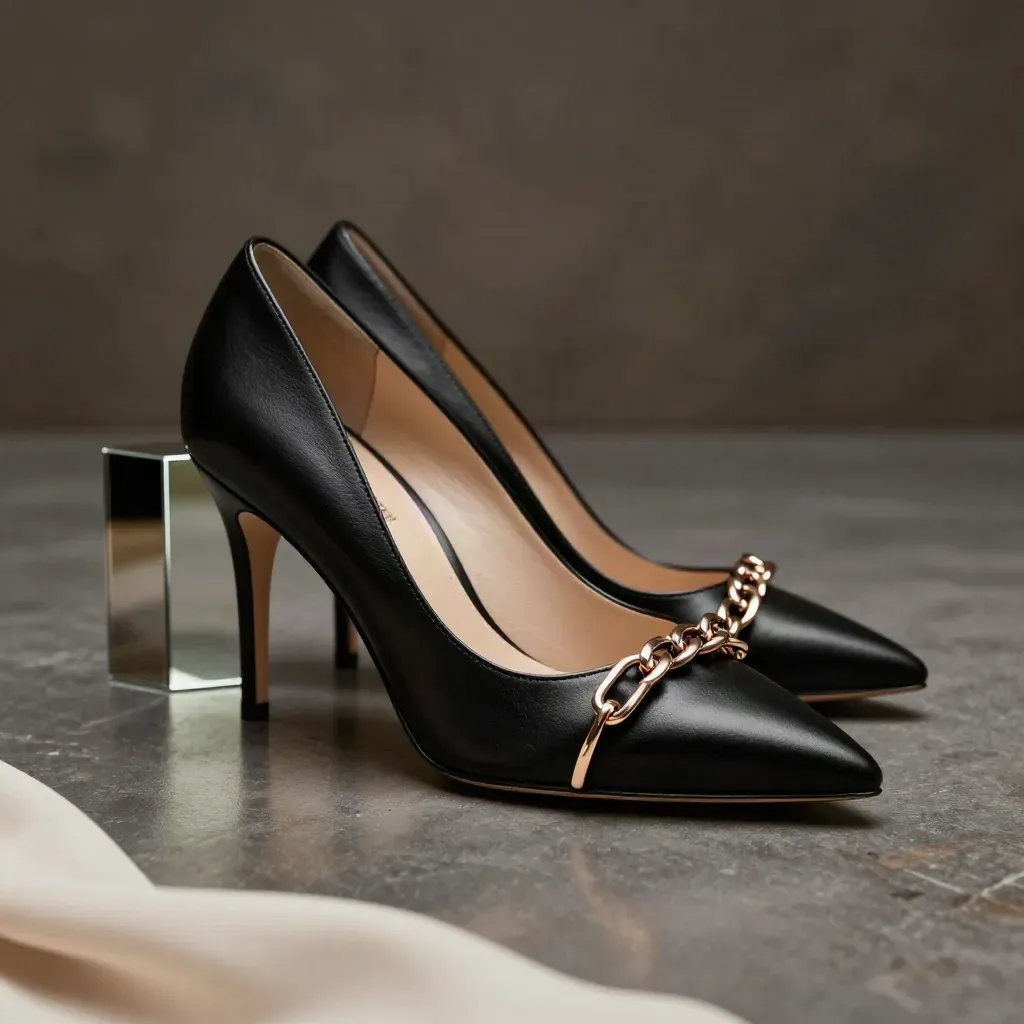 Escarpins noirs en cuir, chaîne champagne et voile de mousseline sur socle miroir.