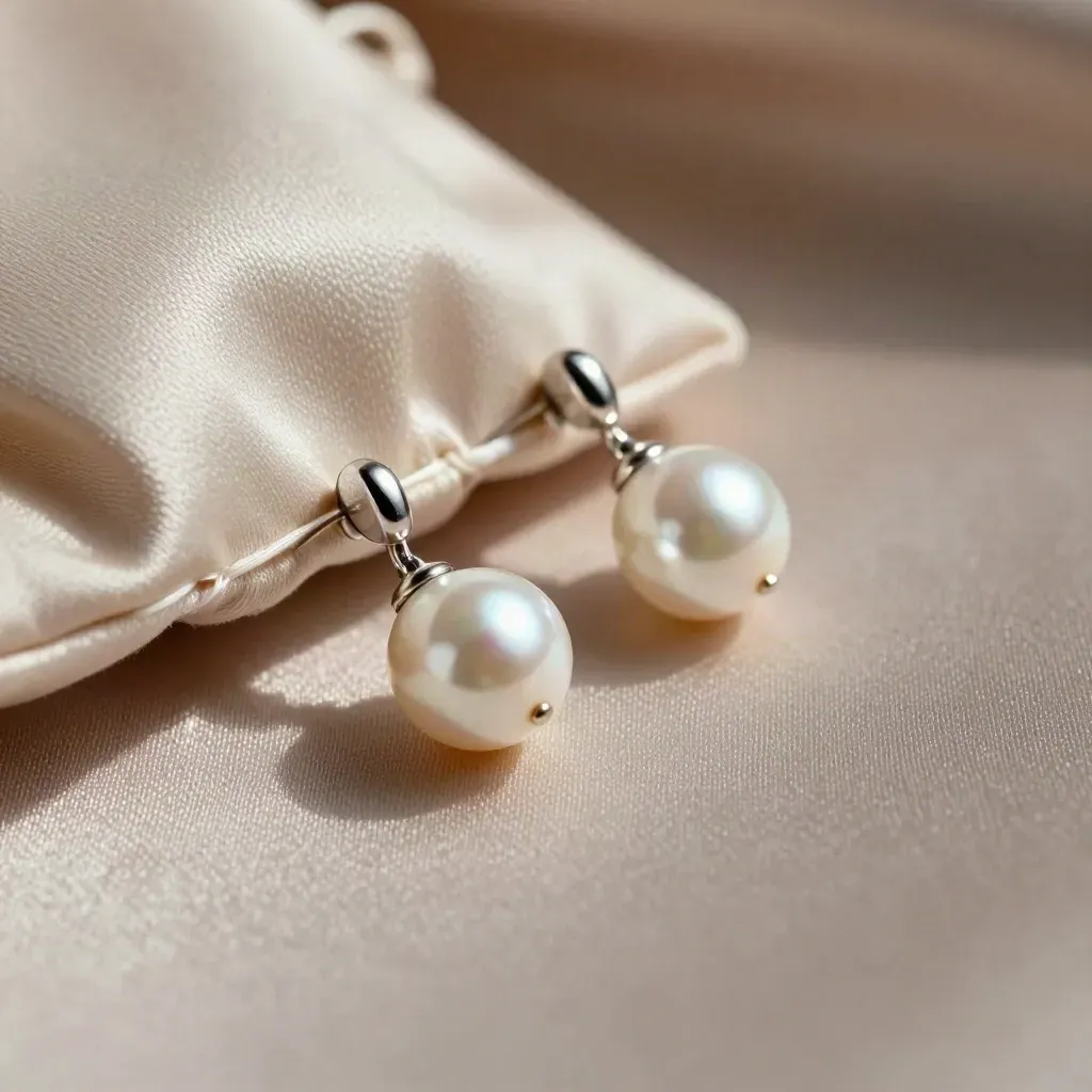 Gros plan de boucles perle fine sur satin froissé, avec écrin textile et ruban neutre.