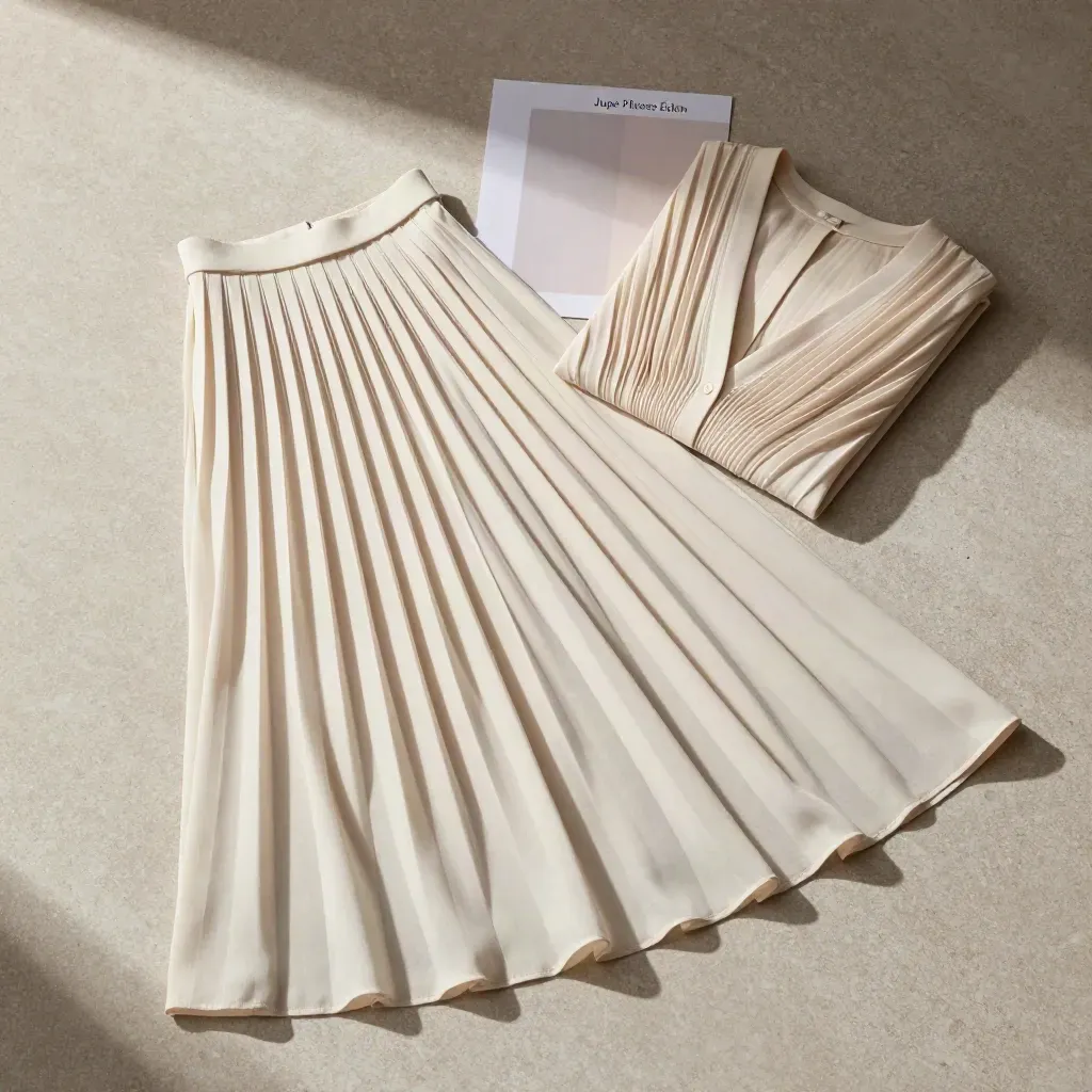 Jupe plissée rose poudré en éventail sur pierre claire, avec ceinture fine et blouse assortie.