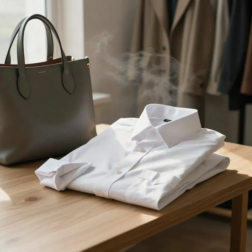 Chemise en popeline avec tote anthracite, dans un atelier lumineux, lumière douce du matin.