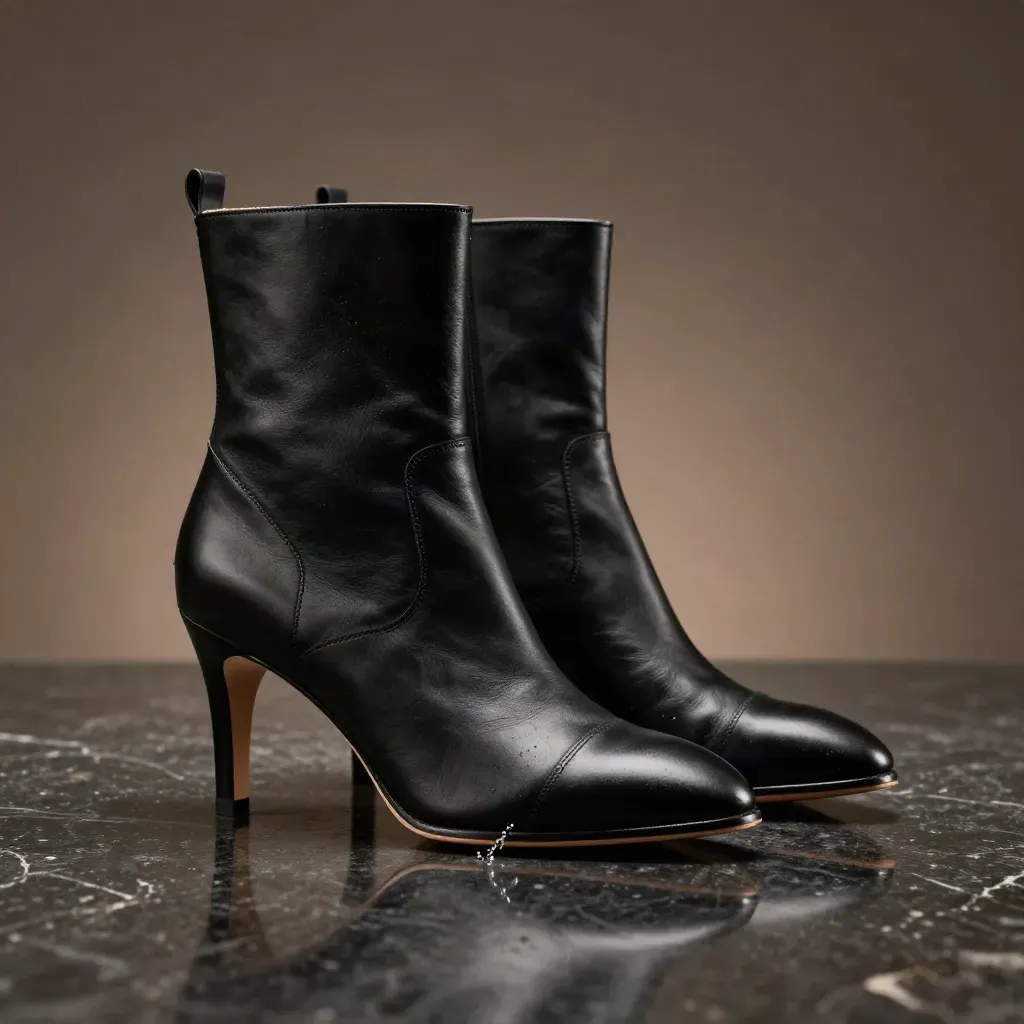 Bottes noires sur pierre sombre mouillée, éclaboussures légères et reflets champagne.