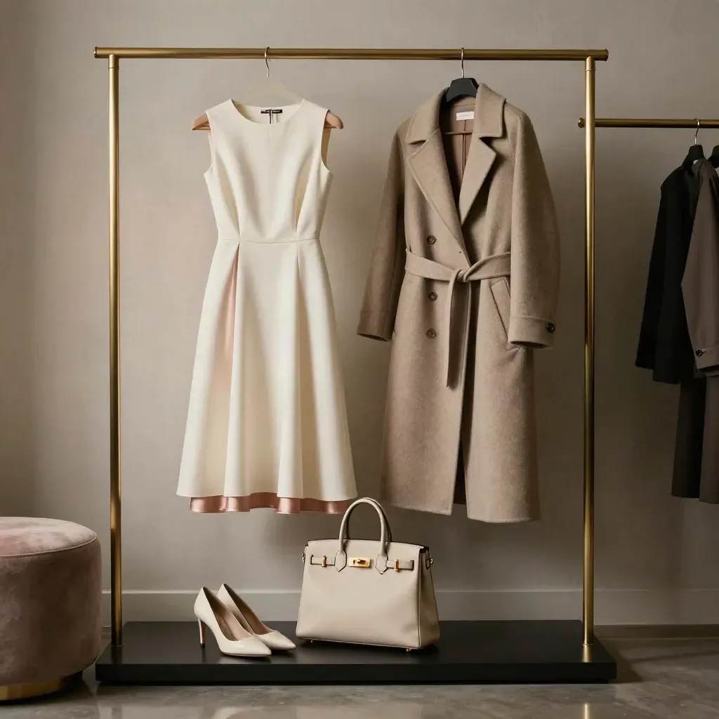 Robe ivoire, manteau ceinturé et sac structuré dans une scène de mode automnale sombre.