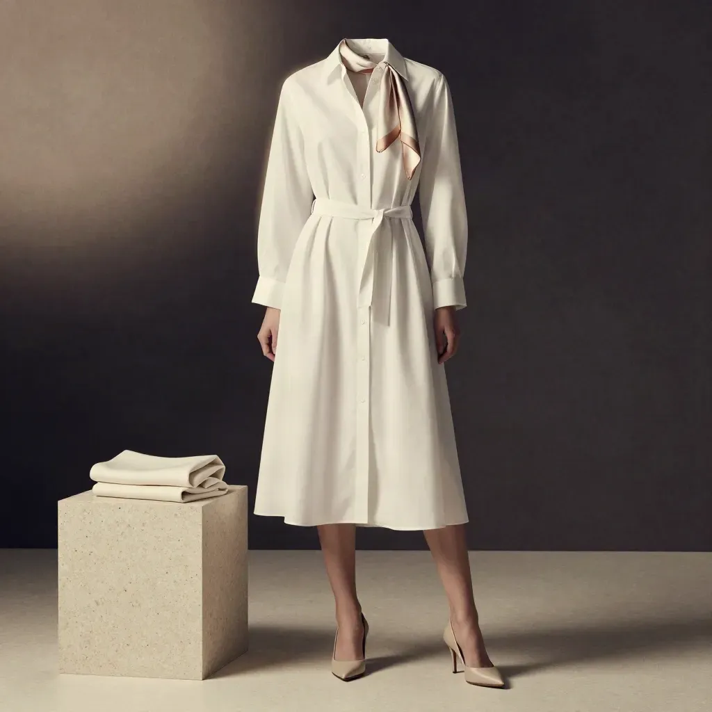 Robe chemise ivoire avec foulard soyeux, escarpins neutres et fond travertin sombre.
