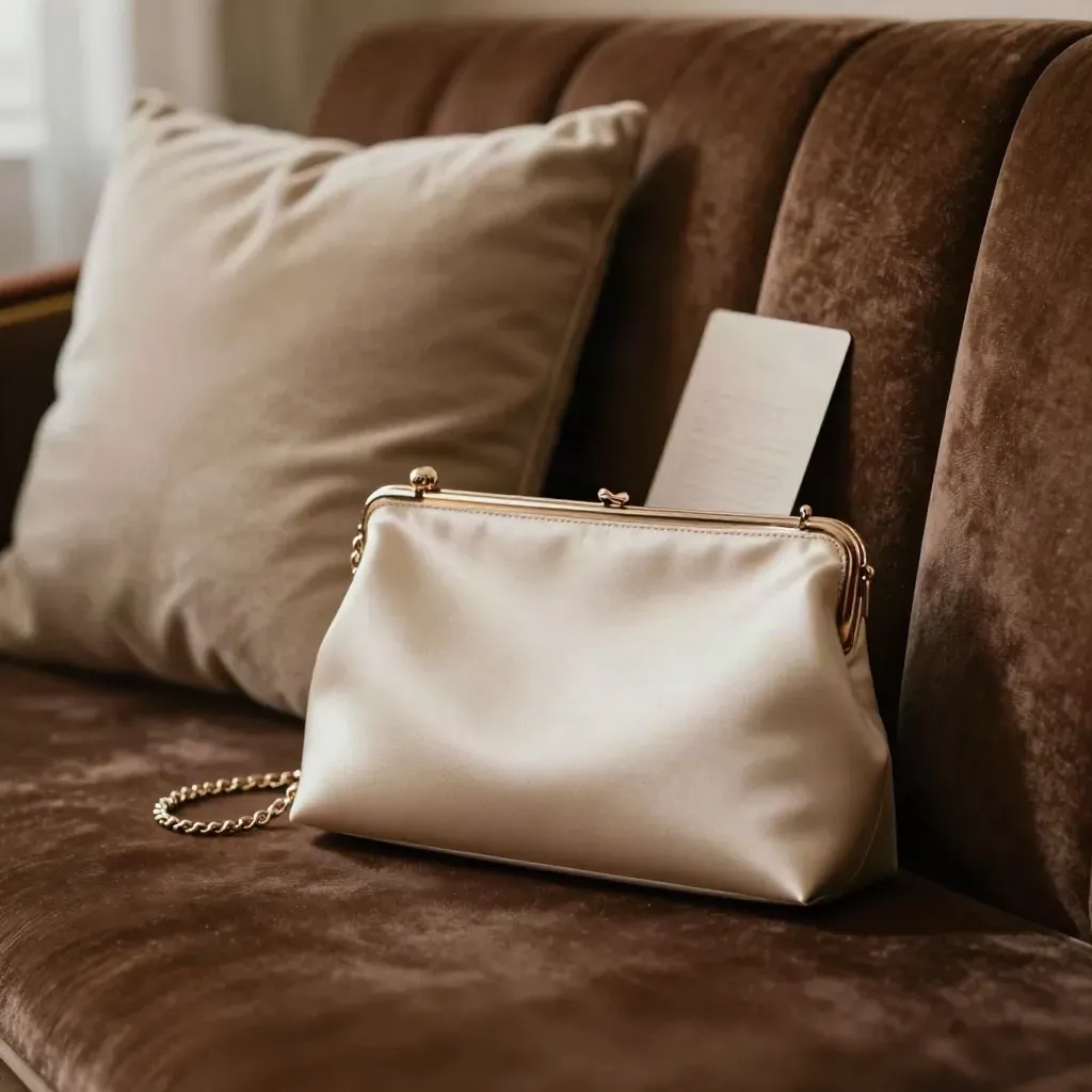 Pochette de soirée en satin mat sur banquette de velours, lumière douce et reflets champagne.