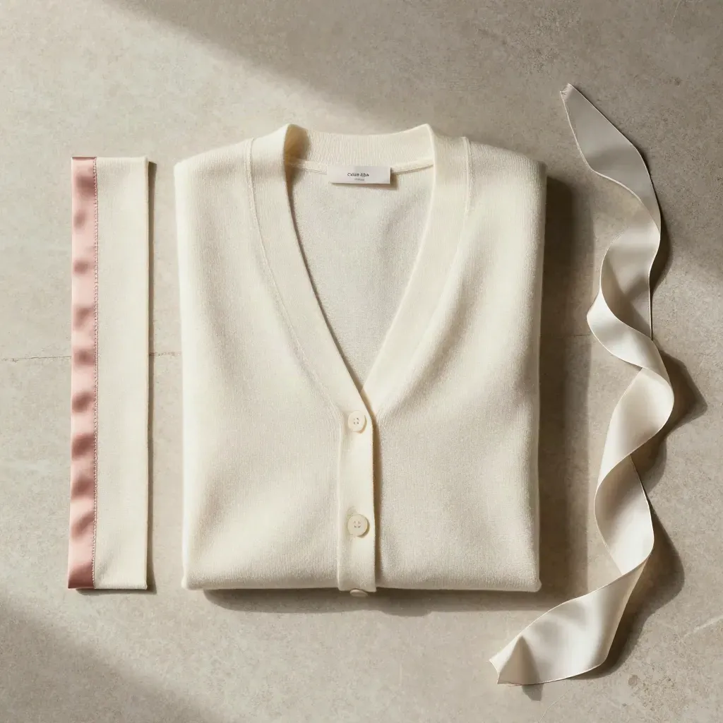 Cardigan en maille fine à plat avec soie rose poudré sur fond clair.