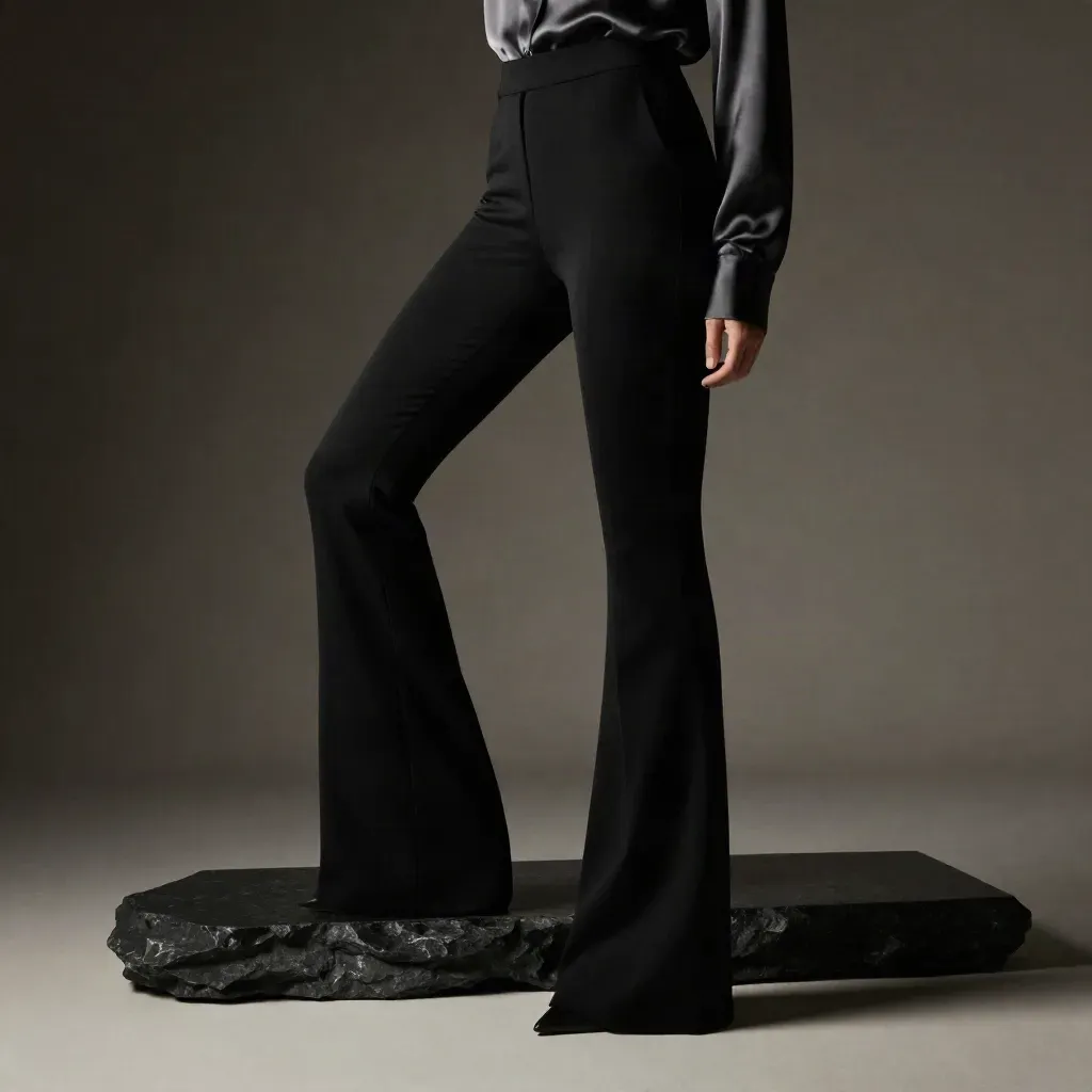 Pantalon flare noir taille haute sur socle sombre, lumière dramatique et reflet discret.