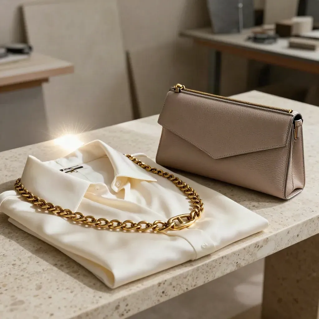 Ceinture chaîne or sur blouse en soie et pochette discrète, sur travertin.
