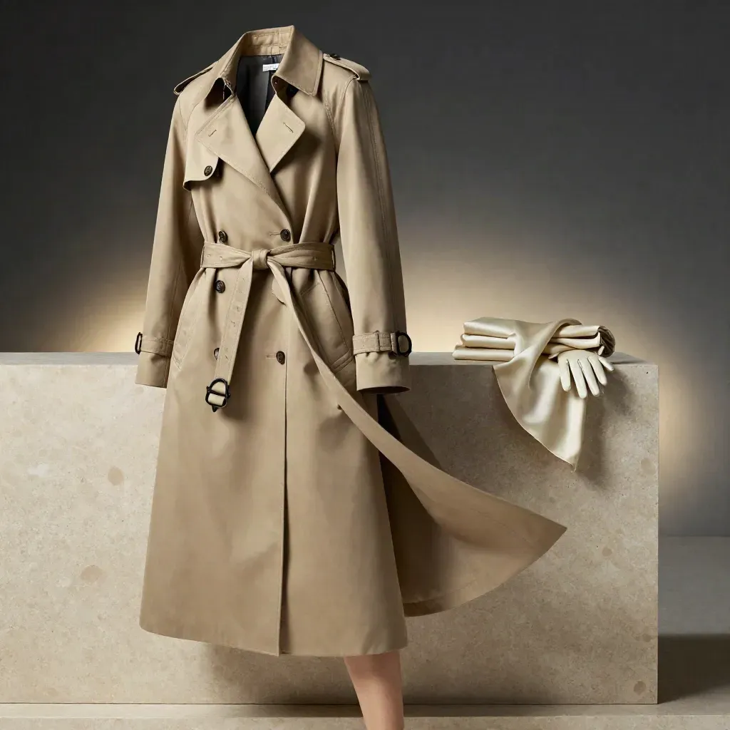 Trench beige nacre ceinturé sur plinthe de travertin, lumière douce et fond sombre.