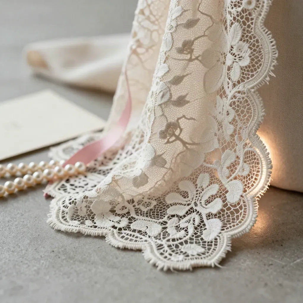 Gros plan latéral sur une dentelle ivoire doublée avec ruban rose poudré et perles.