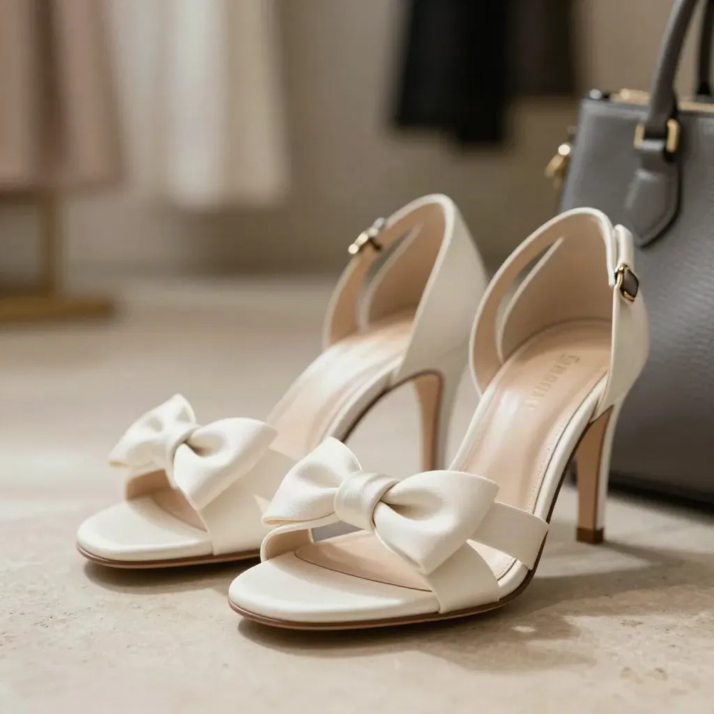 Sandales en satin ivoire à nœud, talons 6 cm, avec sac graphite en arrière-plan