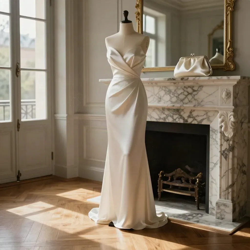 Salon haussmannien lumineux avec robe de soirée ivoire, cheminée de marbre et parquet chaleureux.