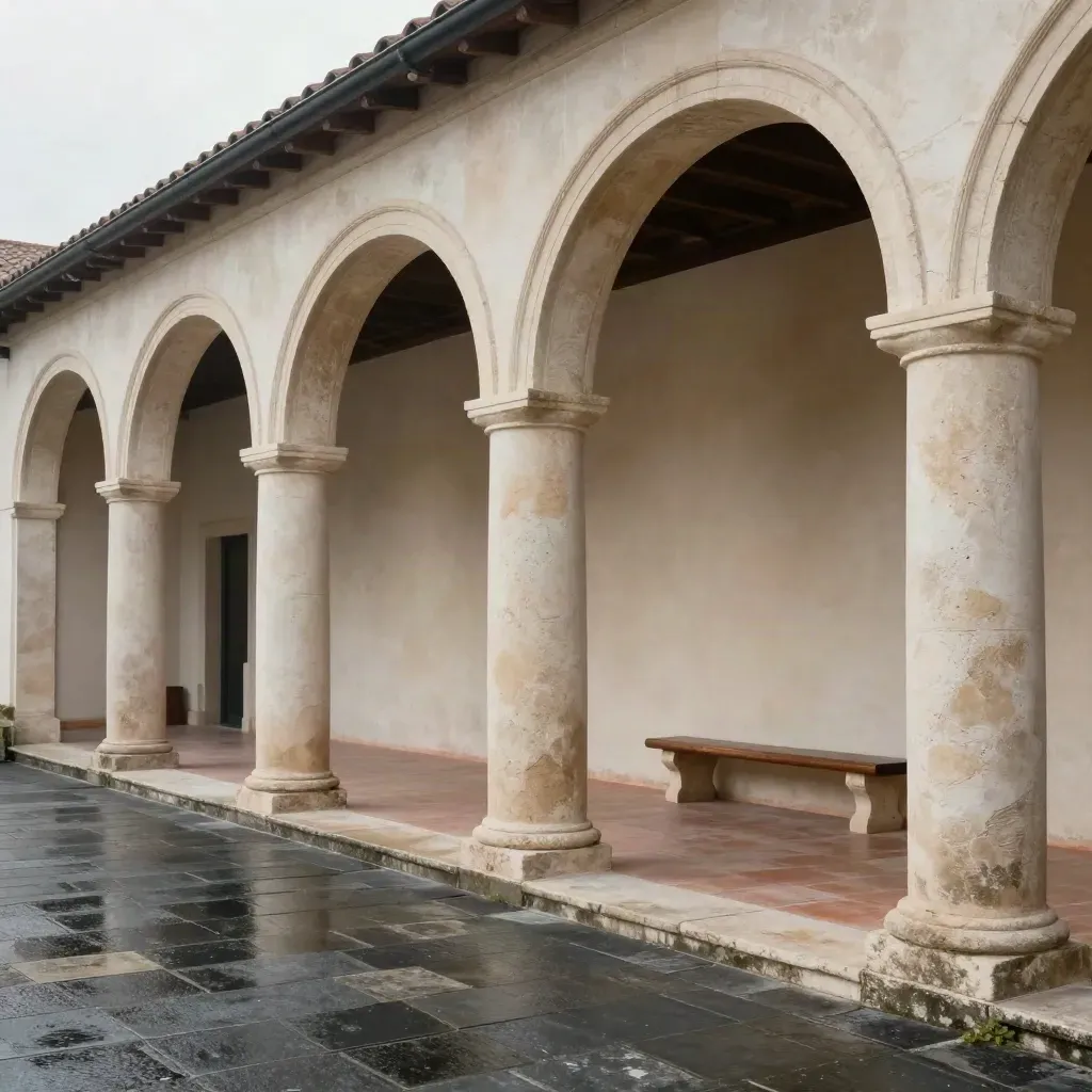 Galerie en pierre humide sous arcades, sol lavé par la pluie, lumière douce d’après-midi.