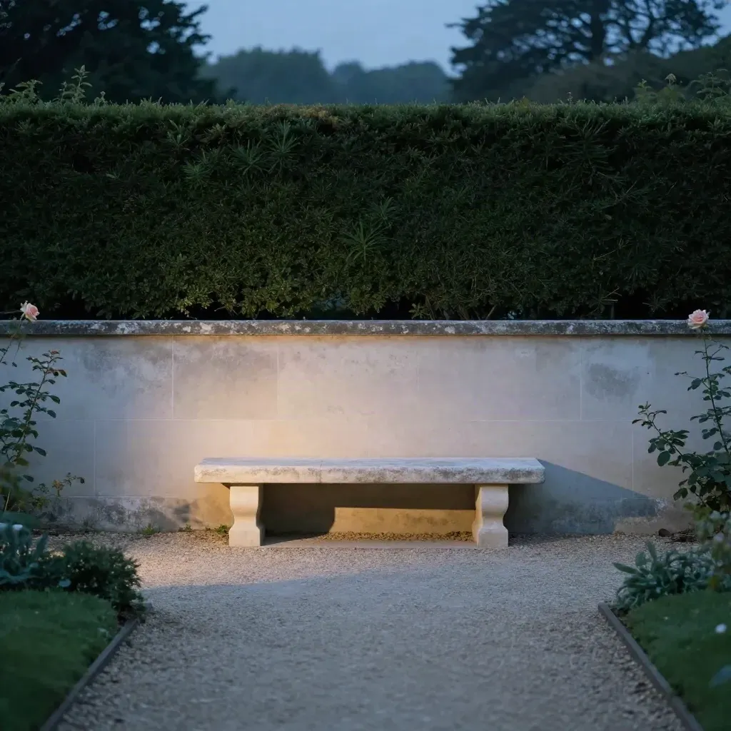 Jardin de buis au crépuscule, banc de pierre et mur clair, bas du cadre dégagé.