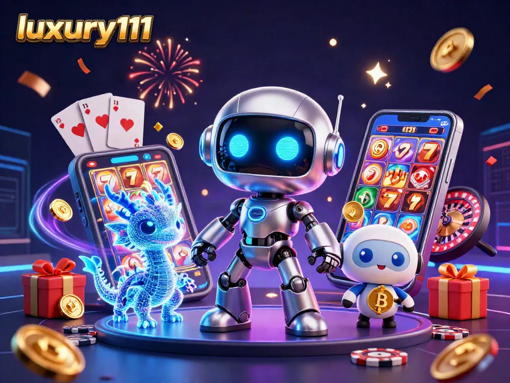 Experience thrilling wins with luxury111 in this vibrant casino-themed illustration.
