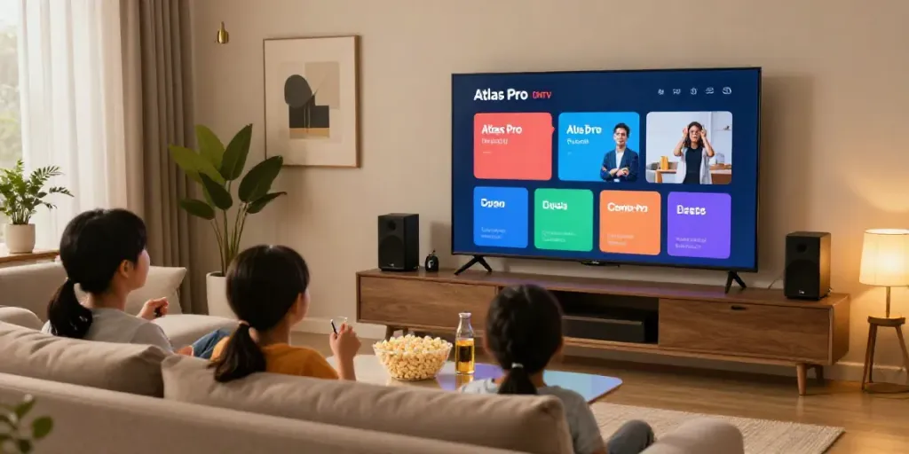 Famille profitant d'Atlas Pro ONTV sur écran de télévision dans un salon moderne.