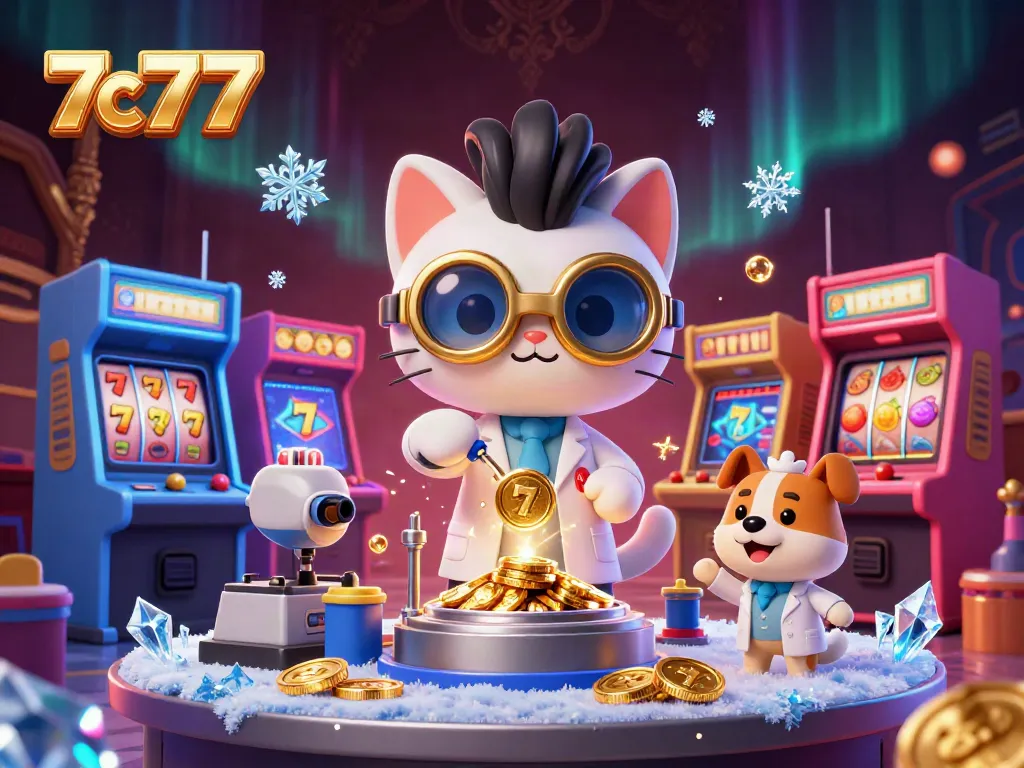 Experience the thrilling adventures of 7c777 in a vibrant casino with colorful slot machines and quirky characters.