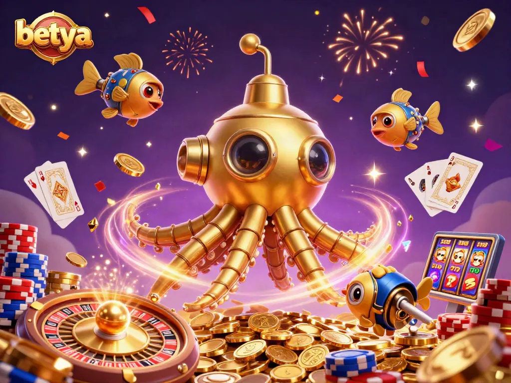 Engage with Betya’s thrilling casino world featuring a golden kraken submarine, lively fish, and sparkling wins.