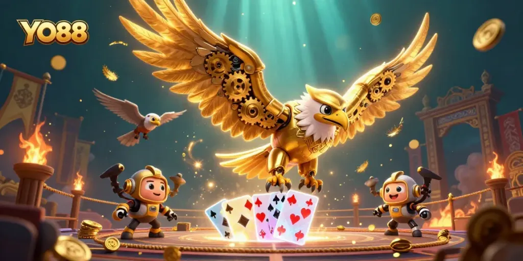 Experience thrilling gameplay with YO88's dynamic casino adventure featuring golden eagles and holographic cards.