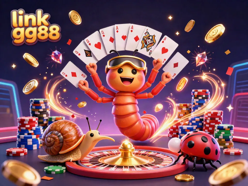 Experience the excitement of link gg88 with a dynamic casino scene featuring a millipede dealer and high-roller snail amidst gold coins.